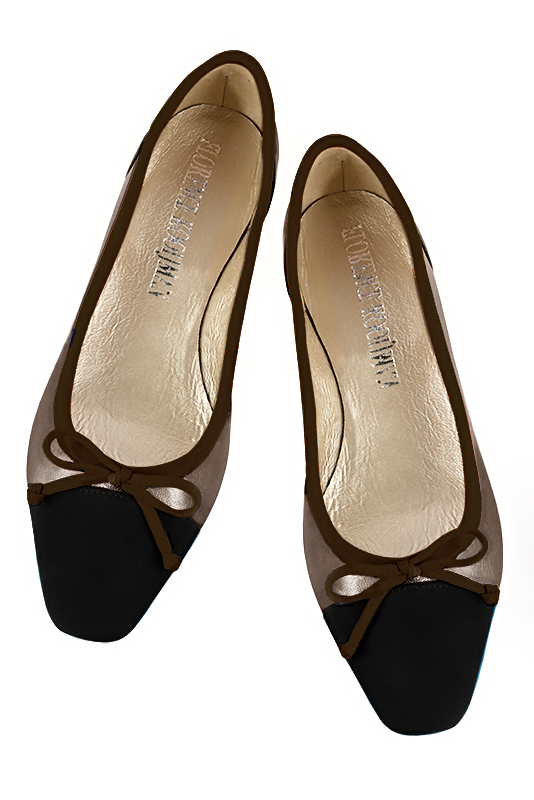 Matt black, bronze gold and dark brown women's ballet pumps, with low heels. Square toe. Flat flare heels. Top view - Florence KOOIJMAN